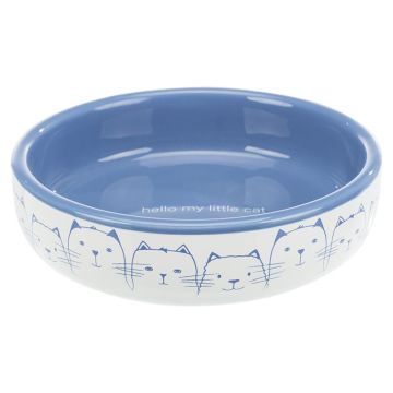 Keramiknapf Katze, flach,  0,3 l / 13 cm, weiß/blau