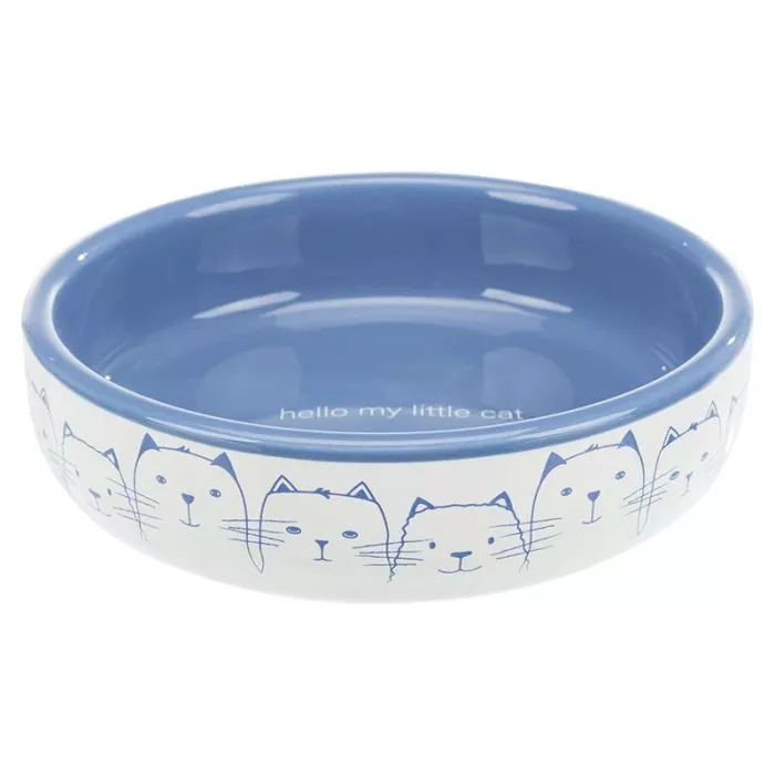 Keramiknapf Katze, flach, 0,3 l / 13 cm, wei/blau