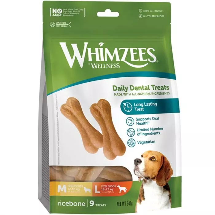 Whimzees Dog Snack Ricebone/Reisknochen M-L, 9 Stück 540g Whimzees Dog Snack Ricebone/Reisknochen M-L, 9 Stück 540g