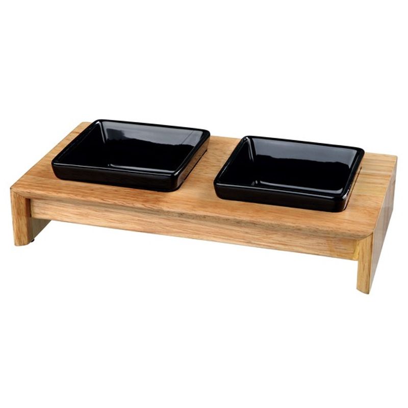 Napf-Set, Keramik/Holz, 2x0,2l, 28x5x15cm, Näpfe: schwarz