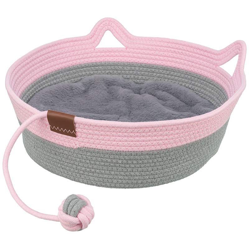 Katzenkorb, rund, mit Ball am Tau, ca. 38 cm, grau/rosa