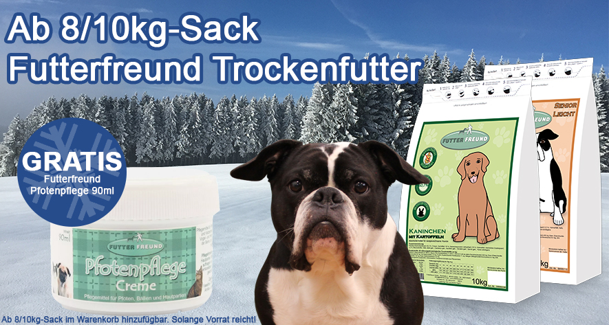 Ab einen 8 oder 10 kg Sack Futterfreund Trockenfutter - GRATIS-Zugabe Futterfreund Pfotenpflege hinzufügbar.