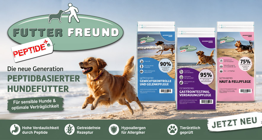 Hundefutter mit Peptide von Futterfreund. Jetzt neu! Hund rennt am Sandstrand.