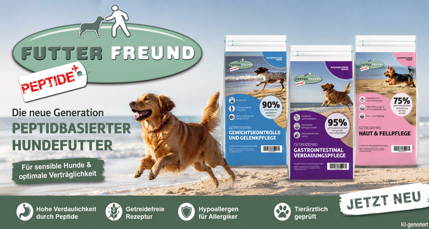 Hundefutter mit Peptide von Futterfreund. Jetzt neu! Hund rennt am Sandstrand.