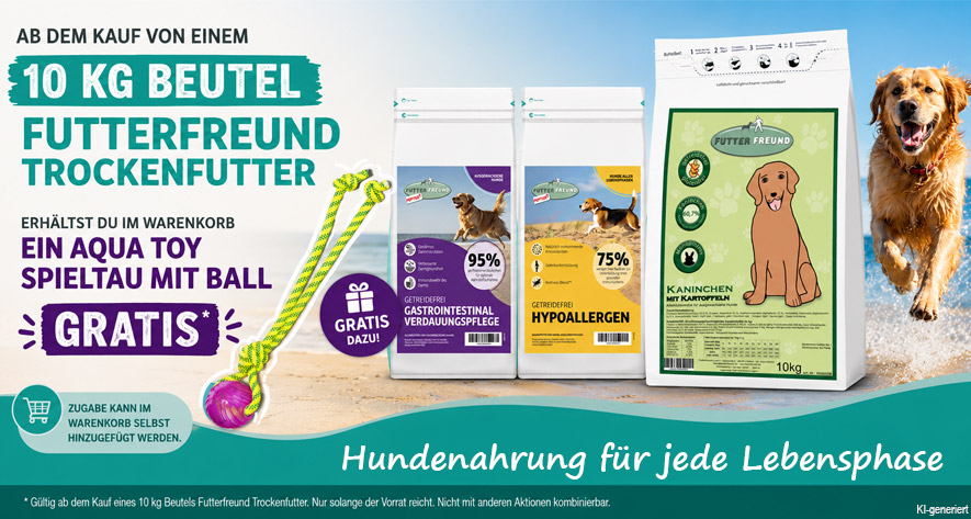 Zugabe auf 10kg Trockenfutter der Marke Futterfreund - Aqua Toy Spieltau mit Ball gratis!