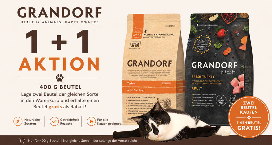 Grandorf Katze 1+1 Aktion - 2x400g Trockenfutter der selben Sorte kaufen und eine Packung als Rabatt erhalten.