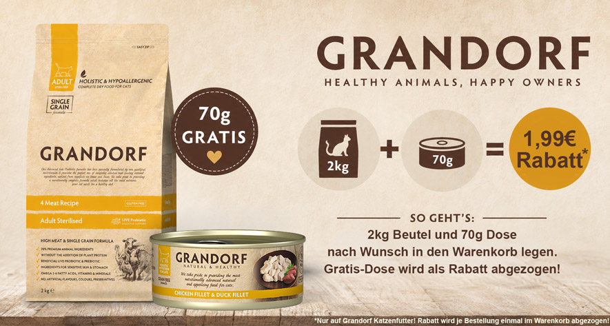 Grandorf Trockenfutter 2kg und 70g Dose Nassfutter kaufen - 70g Dose im Warenkorb als Rabatt erhalten.