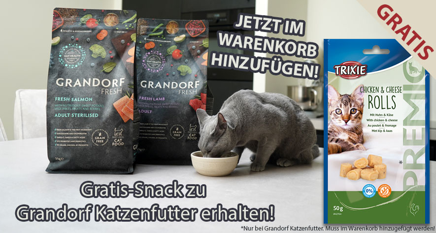 Erhalte zu deiner Grandorf Katzenfutter Bestellung eine Packung Chicken und Cheese Rolls 50g gratis im Warenkorb dazu.
