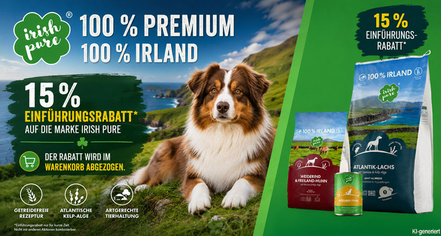 Irish Pure 15% Einführungsrabatt. Hund vor irischer Landschaft.
