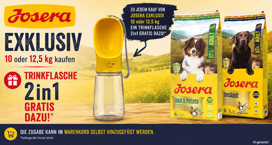 Trinkflasche für Tiere gratis hinzufügbar ab 10 oder 12,5 kg Josera Exklusiv