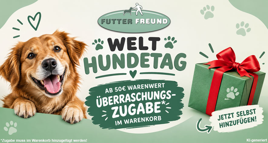 Gratis-Zugabe ab 50€ Warenwert zum Welthundetag 2026. Zugabe muss selbst im Warenkorb hinzugefügt werden.