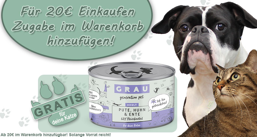 Zugabe im Warenkorb ab 20€ Bestellwert. Grau Dose Katze Adult Pute mit Huhn und Ente 200g. Kopf von einer Bulldogge und einer Katze sind neben der Dose abgebildet.