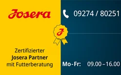 Josera Logo mit Telefonnummer auf gelben und blauen Hintergrund