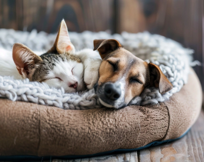 cat and dog relaxin together on futterfreund pet bed